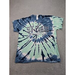 Vintage Six Flags Shirt Mens Large Blue Green White Tie Dye Crew‎ Gildan Heavy